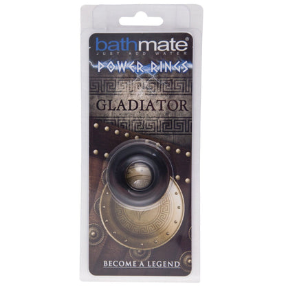 The packaging of the Bathmate Gladiator Cock Ring, by Adams Toy Box, features an ancient Roman design with a shield and geometric patterns. With its Elastomax design, it enhances erection experiences, encouraging you to Become a Legend.