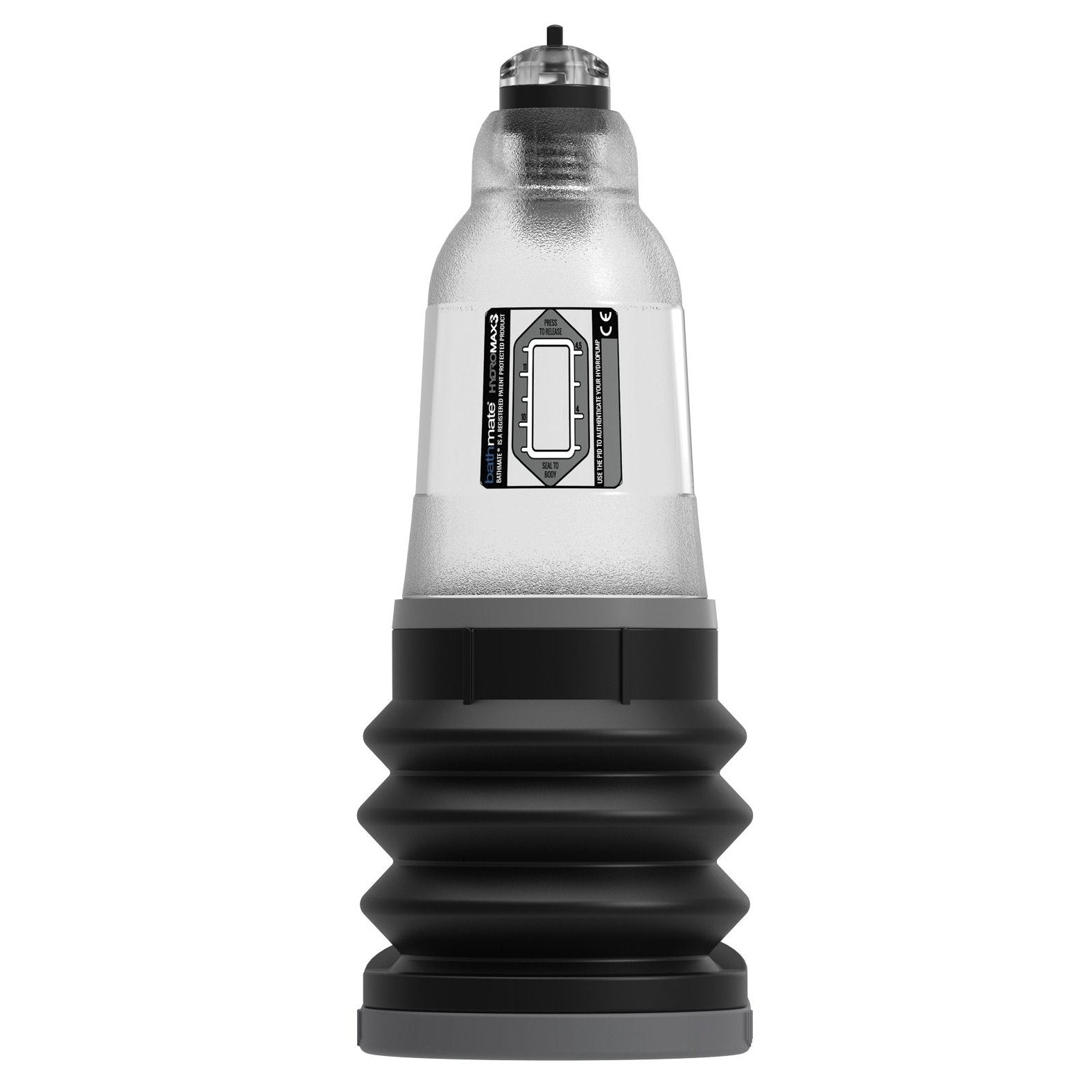 The Adams Toy Box Bathmate Hydromax 3 is a transparent and black cylindrical device with a ribbed rubber base, digital display, tapered clear top, labels, and various markings to enhance sexual stamina.