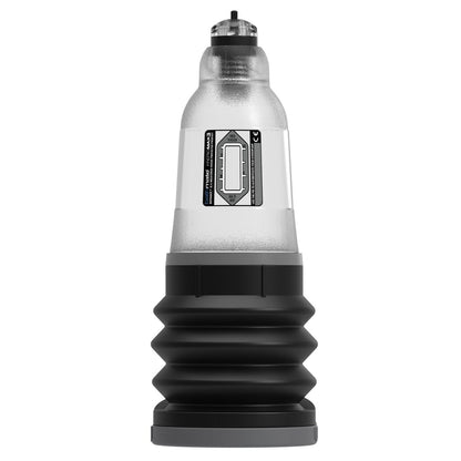 The Adams Toy Box Bathmate Hydromax 3 is a transparent and black cylindrical device with a ribbed rubber base, digital display, tapered clear top, labels, and various markings to enhance sexual stamina.