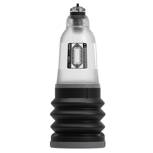 The Adams Toy Box Bathmate Hydromax 3 is a transparent and black cylindrical device with a ribbed rubber base, digital display, tapered clear top, labels, and various markings to enhance sexual stamina.