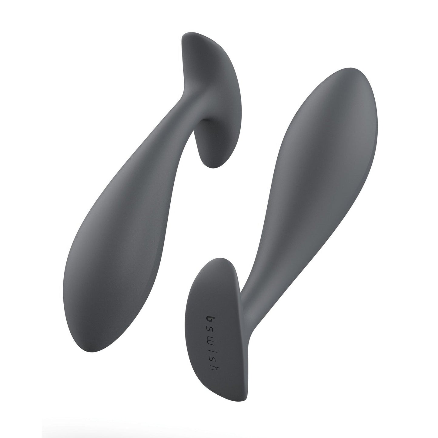 Two Bfilled Basic Plug prostate massagers in sleek, dark gray are showcased from various angles. Each features a curved, ergonomic design with a flared base for safety and a tapered head for increased anal pleasure. The soft silicone texture is highlighted by one being horizontal and the other vertical.