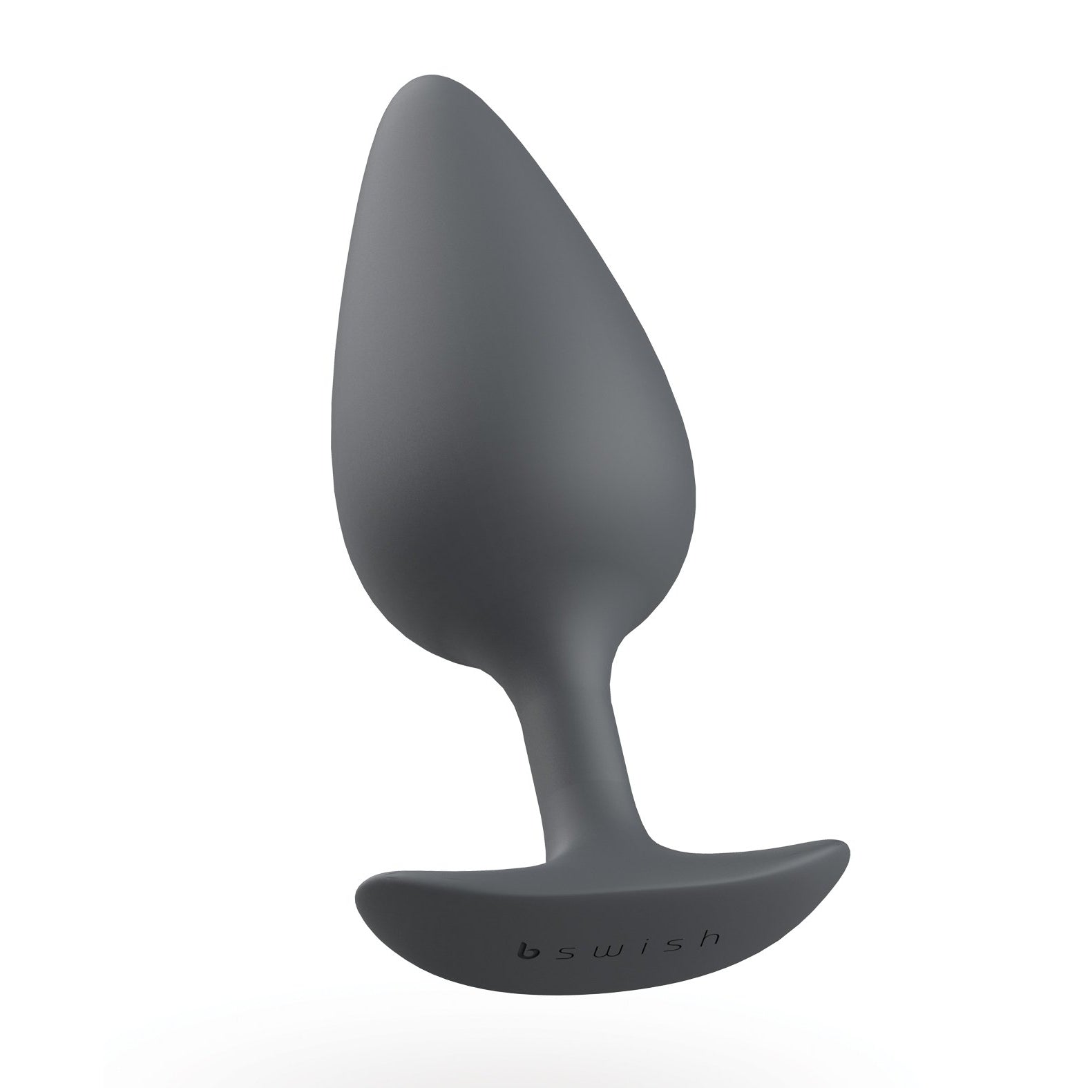 The Bfilled Basic Plus is a black silicone butt plug with a tapered tip and flared base, ideal for anal play. The simple and sleek design includes a slightly curved base featuring the Bfilled brand, intended for personal use and natural vibration pleasure.