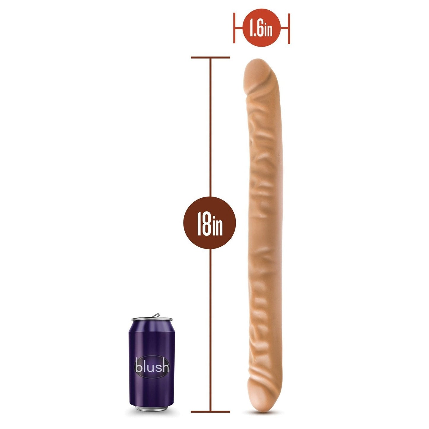 The Blush Dr. Skin 18 Double Dildo by Blush Novelties is displayed near a purple blush can for scale. It features a long, flesh-colored, curved design measuring 18 inches in length and 1.6 inches in diameter with a realistic feel and smooth surface accented with ridges.