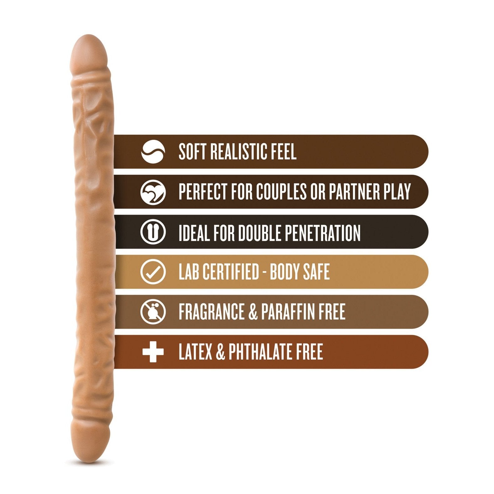 The Blush Dr. Skin 18 Double Dildo by Blush Novelties is a beige, soft-feel, body-safe toy designed for partner play and double use. Its fragrance-free, latex/phthalate-free, and ideal for adventurous users seeking a realistic experience and delightful double penetration.