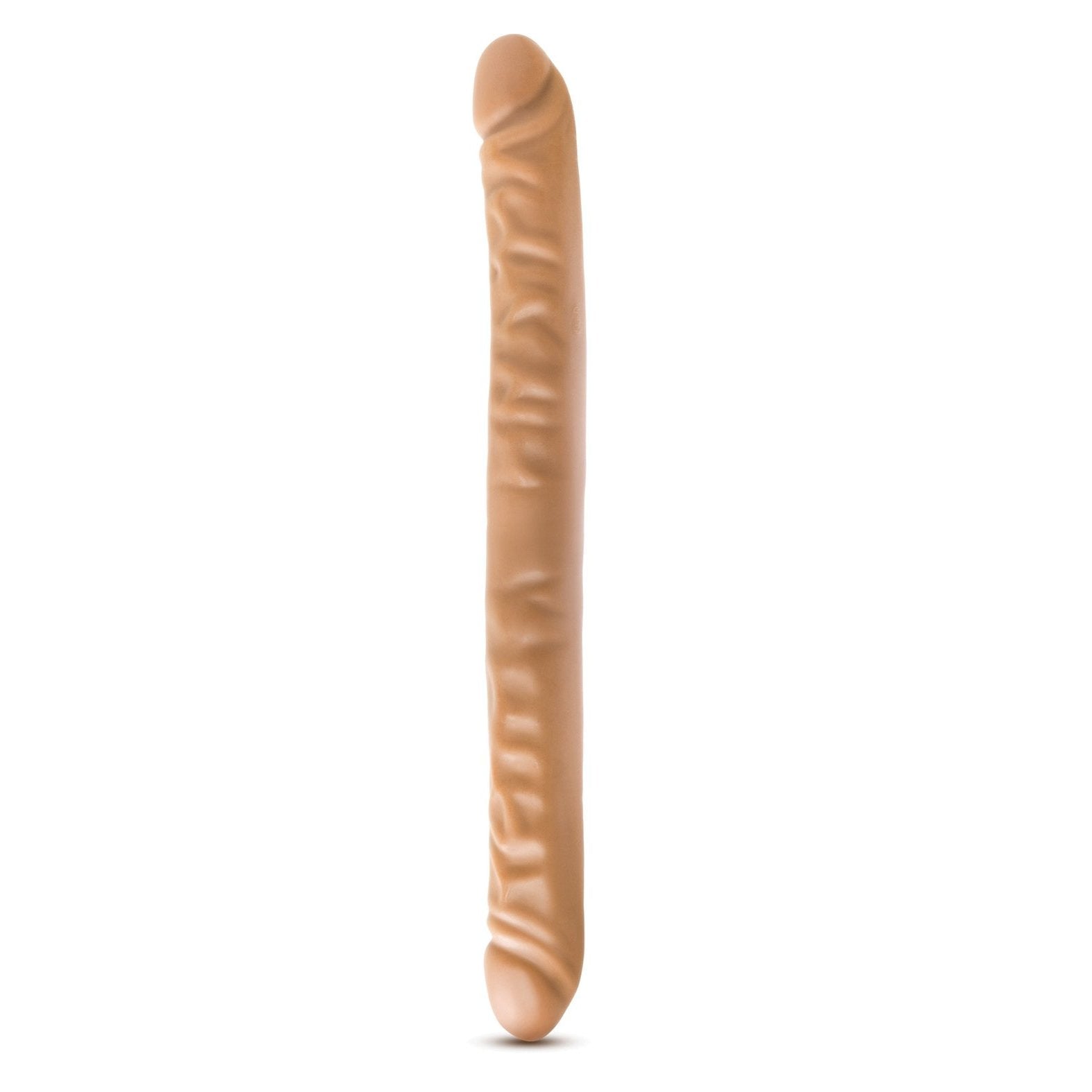 The Blush Novelties Dr. Skin 18 Double Dildo, a long tan rubber stick with a realistic feel and textured wrinkles, stands upright against a plain white background.