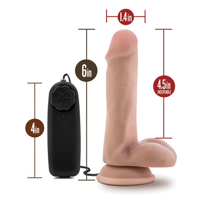 The Blush Dr. Skin 6 Cock w/Suction Cup by Blush Novelties rests alongside a black 4-inch remote control on a white background. This realistic, 6-inch-tall dildo, with a 4.5-inch insertable length and harness compatibility, features a sturdy base for secure use.