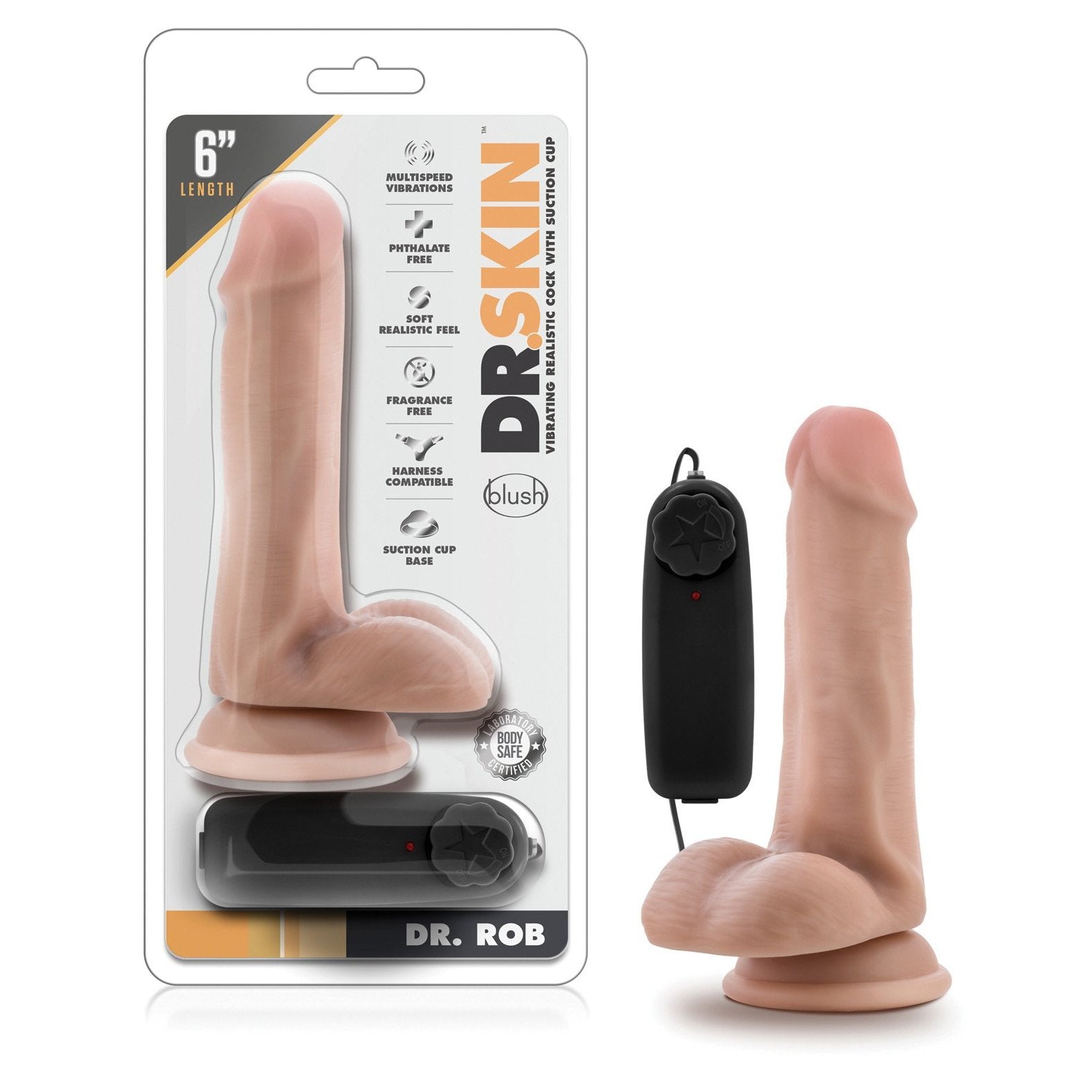 The Blush Novelties Dr. Skin 6 Cock features a suction cup base for hands-free use, multi-speed vibrations, and a remote control. Its harness compatible for versatile playtime options.