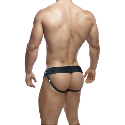 The image displays a male model from the back, highlighting the design and fit of the Blush Novelties Dr. Skin 6 Hollow Strap On with its adjustable waistband.