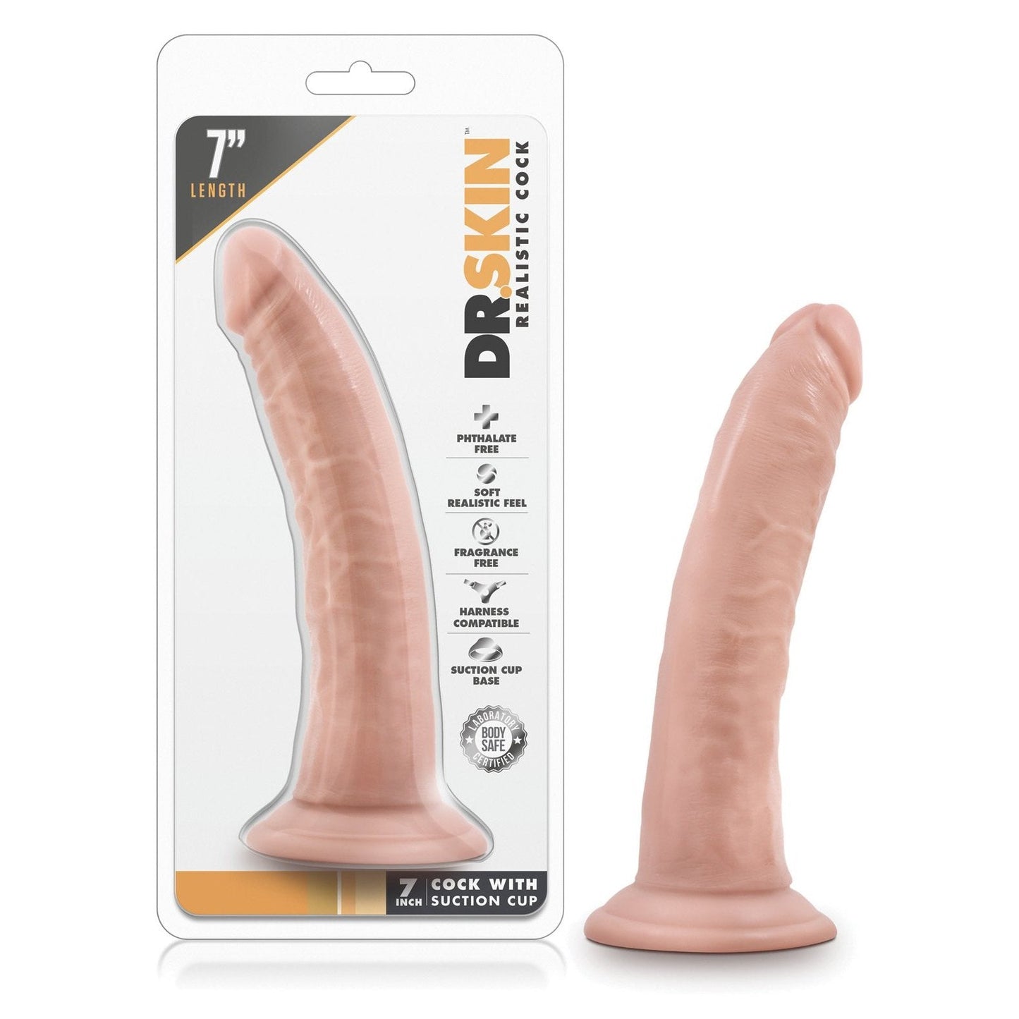 The Blush Dr. Skin 7 Cock w/Suction Cup by Blush Novelties offers a lifelike feel with fragrance-free material, harness compatibility, and a reliable suction cup. Displayed with packaging, it provides authentic and comfortable play options.