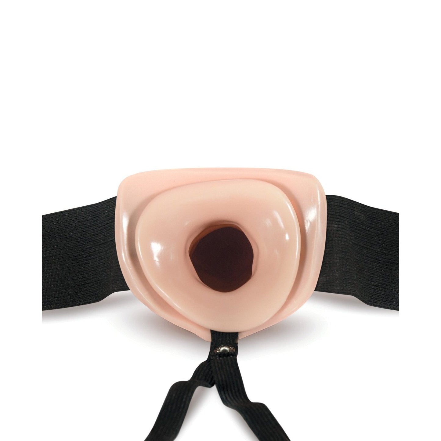 A beige Blush Dr. Skin 7 Hollow Strap On by Blush Novelties, featuring a realistic texture and a black elastic strap, is shown against a white background.