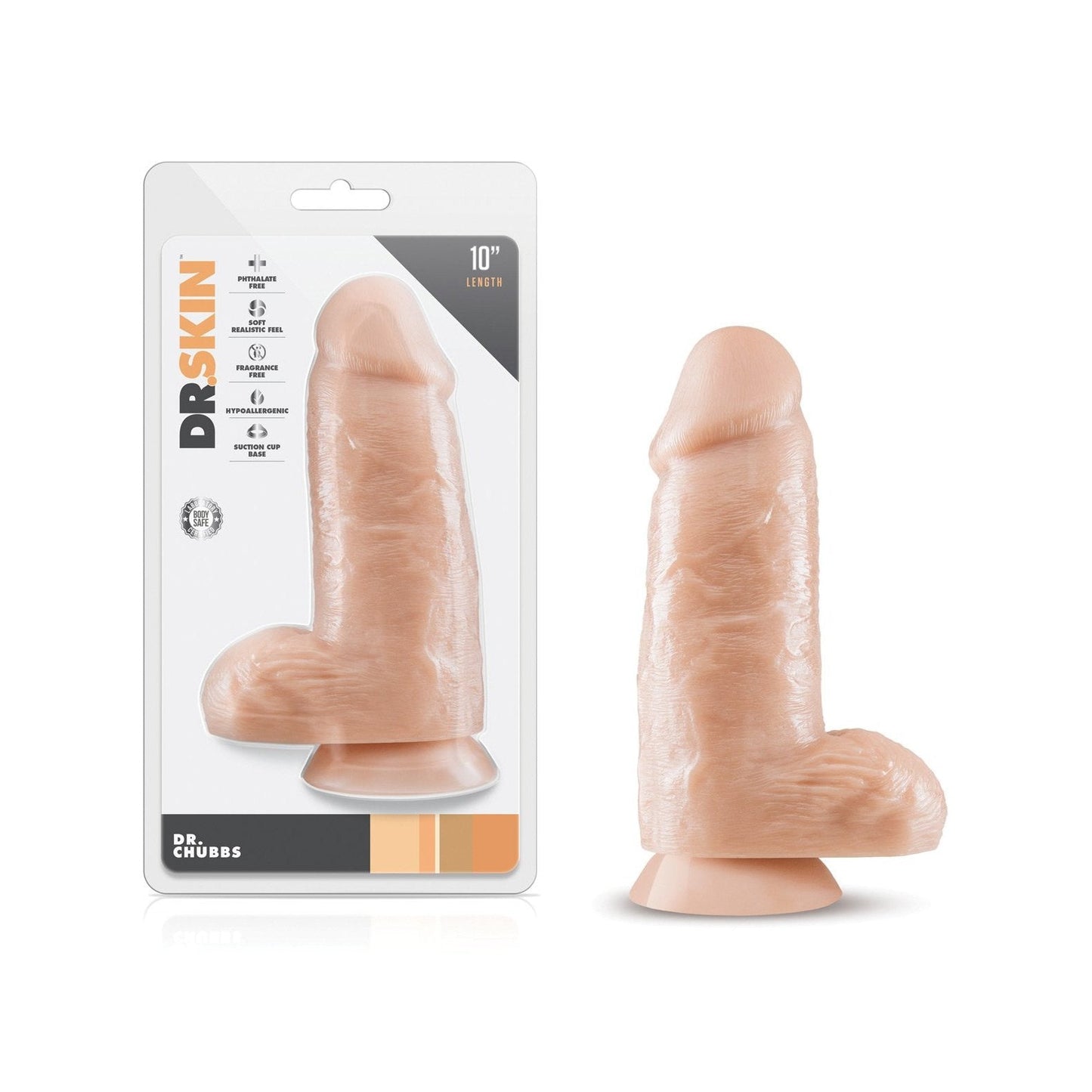 The packaging and image highlight the Blush Dr. Skin Dr. Chubbs 10 adult toy with impressive girth and length. This realistic beige dildo features a secure suction cup base, comes with brand details, and product highlights for an enhanced experience from Blush Novelties.