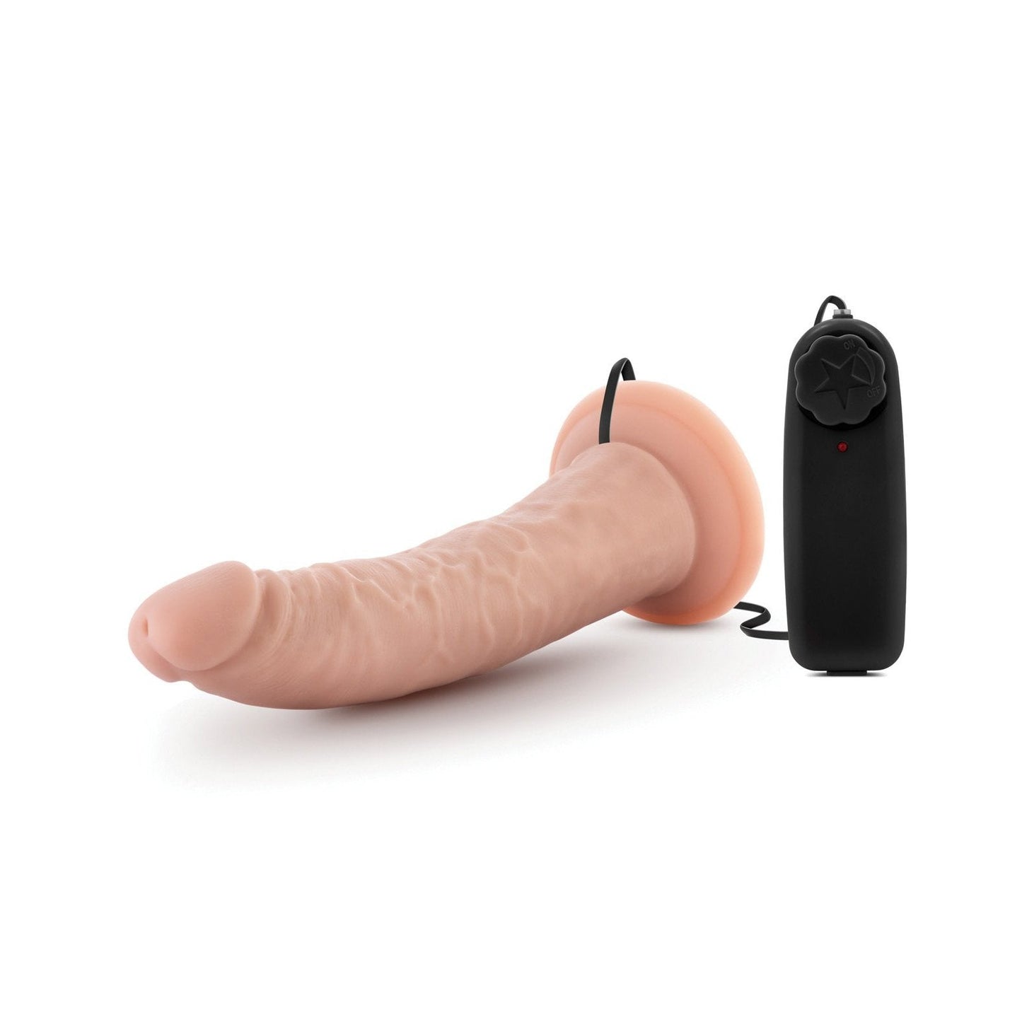 The Blush Dr. Skin Dr. Dave 7 Cock by Blush Novelties provides a lifelike experience with its beige, veiny texture, suction cup base, and wired remote control for adjustable multi-speed vibrations, delivering personalized and realistic pleasure every time.
