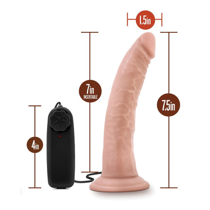 The Blush Dr. Skin Dr. Dave dildo from Blush Novelties includes multi-speed vibrations and a detailed texture. Measuring 7 tall with 6.5 insertable and 1.5 wide, it comes with a black remote featuring a star-shaped dial and an attached cord, standing 4 inches tall.