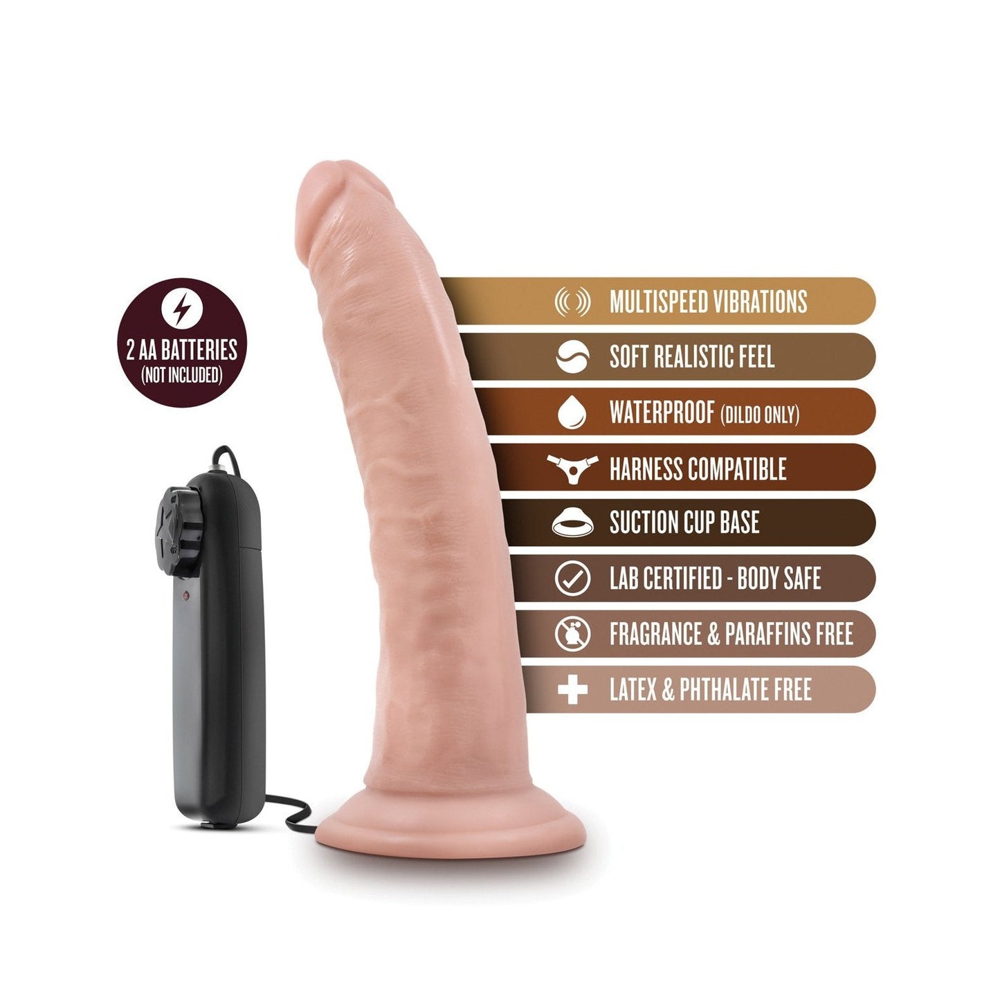 Introducing the Blush Novelties Dr. Skin Dr. Dave 7 Cock with remote control, offering multi-speed vibrations and a sturdy suction cup base. The waterproof dildo is harness compatible, crafted from soft, body-safe, latex-free material. Requires 2 AA batteries (not included).