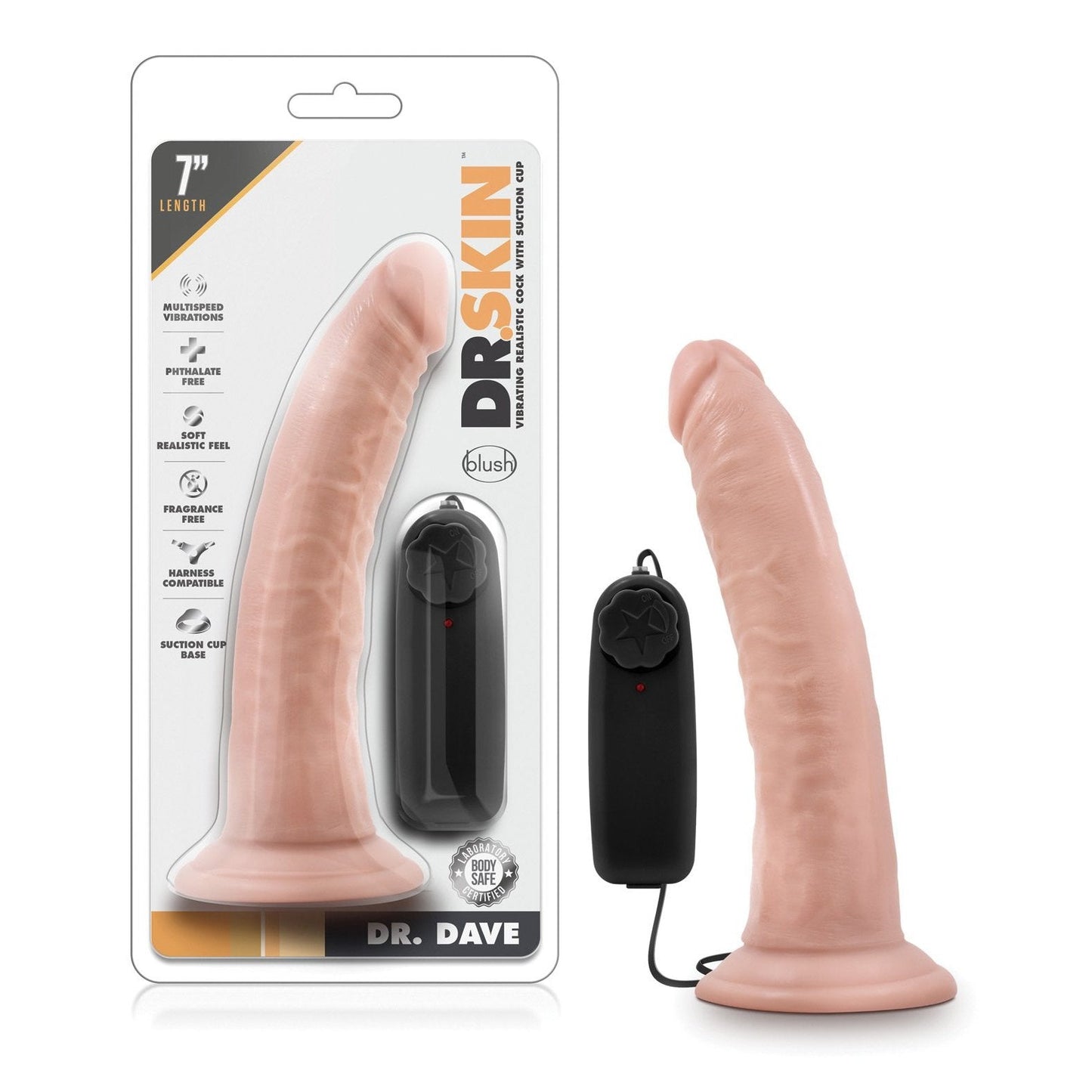The Blush Dr. Skin Dr. Dave 7 Cock by Blush Novelties is a realistic, flesh-toned dildo with multi-speed vibrations, featuring a wired remote control and sturdy suction cup base for hands-free use.