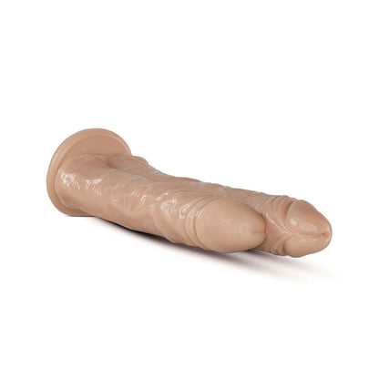 The Blush Dr. Skin Dr. Double Stuffed from Blush Novelties, featuring a double-ended beige silicone design with realistic textures, is showcased on a white background.