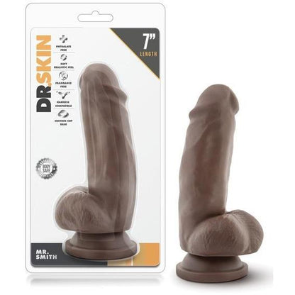 The packaging and display for the Blush Dr. Skin Mr. Skin 6 Dildo with Suction Cup - Mr. Smith by Blush Novelties highlight its realistic design, girthy form, soft realistic feel, and body safe materials, ensuring both appeal and safety for users.