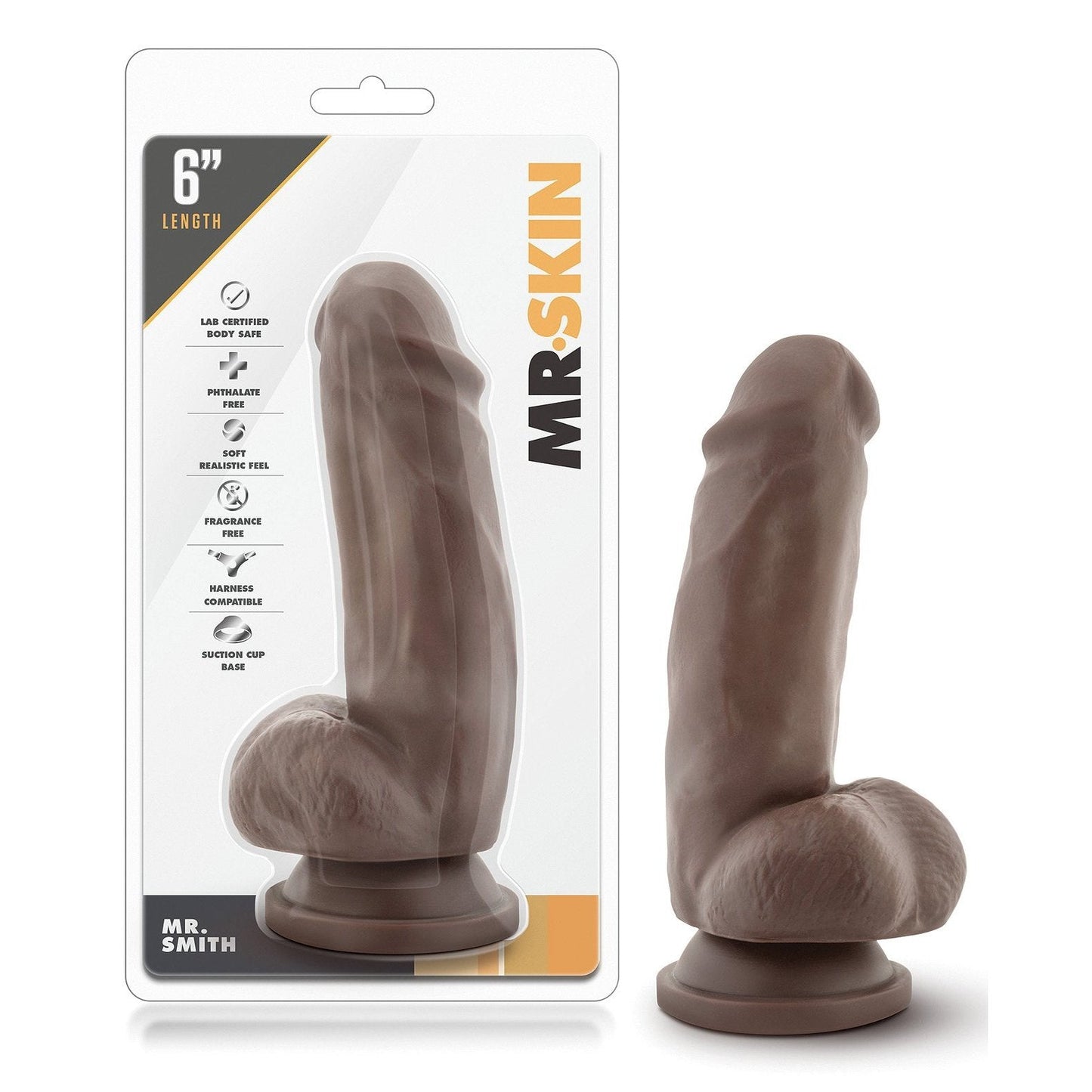 The Blush Novelties packaging highlights the Dr. Skin Mr. Smith 6 dildo, crafted from body-safe materials with a trusted suction cup base. Its lifelike design is prominently displayed on the box for an authentic experience.