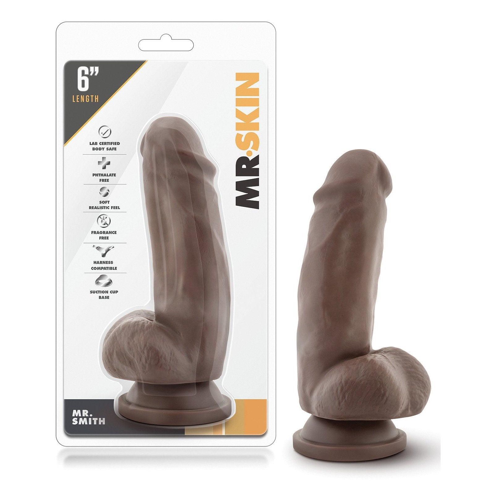 The Blush Novelties packaging highlights the Dr. Skin Mr. Smith 6 dildo, crafted from body-safe materials with a trusted suction cup base. Its lifelike design is prominently displayed on the box for an authentic experience.