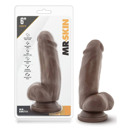 The Blush Novelties packaging highlights the Dr. Skin Mr. Smith 6 dildo, crafted from body-safe materials with a trusted suction cup base. Its lifelike design is prominently displayed on the box for an authentic experience.