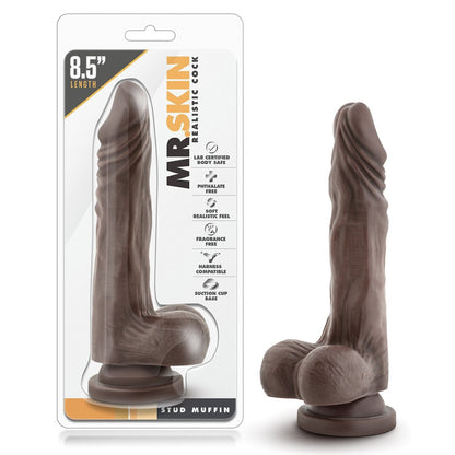 Introducing the Dr. Skin Stud Muffin by Blush Novelties, a lifelike 6.25-inch chocolate dildo with veined detailing, a secure suction cup base, phthalate-free material, and harness compatibility for safety and versatility.