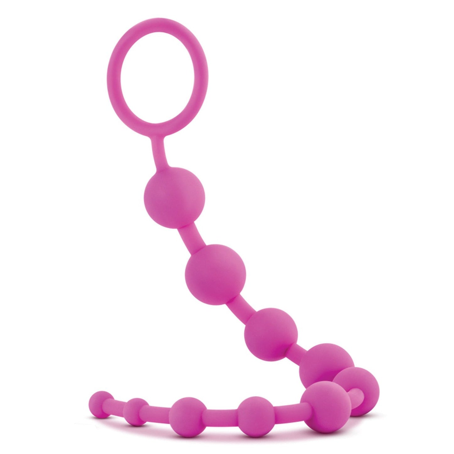 Blush Luxe Silicone Beads by Blush Novelties feature purple anal beads made from seamless, body-safe silicone. These beads are connected by a flexible string with a ring handle and gradually increase in size for enhanced comfort and enjoyment.