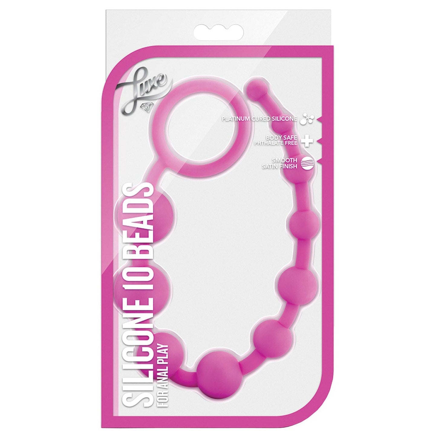 The Blush Luxe Silicone Beads by Blush Novelties in pink are designed for comfort and safety, featuring beads in ascending sizes with a handy loop. They come elegantly packaged in a clear case showcasing the body-safe materials.