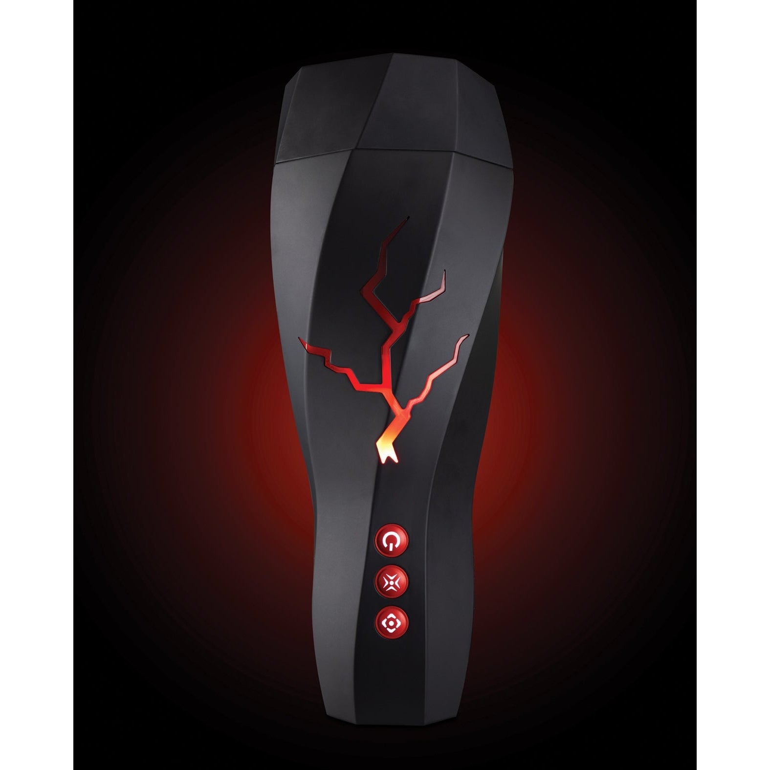 The Blush Novelties M for Men Storm Stroker features a sleek black design with a red crack-like pattern glowing at the center. It includes three circular buttons with red icons and vibration functions, all against a dark background to enhance its striking appearance.