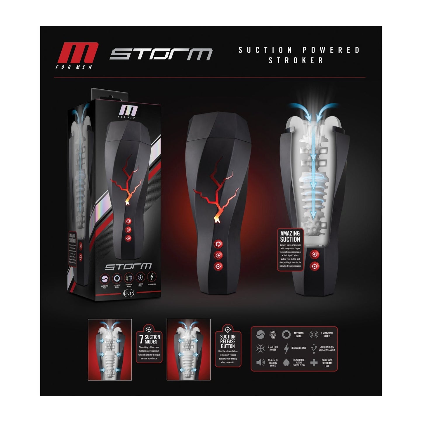 The Blush M for Men Storm Suction Powered Stroker by Blush Novelties boasts sleek packaging, highlighting its internal pleasure cup, suction technology, vibration functions, and various settings. Easy cleanup instructions are featured prominently at the bottom.