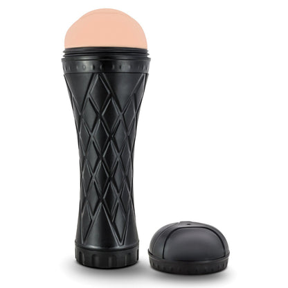 The Blush M for Men The Torch Luscious Lips by Blush Novelties is a black, textured cylinder with a beige top made from life-like material for authenticity. It resembles a flashlight and includes a detachable cap.