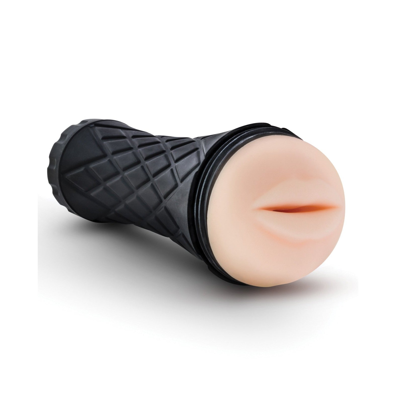 The Blush M for Men The Torch Luscious Lips by Blush Novelties is a black, ribbed cylindrical object made from life-like material, featuring a beige, lip-shaped opening and resembling an ice cream cone.