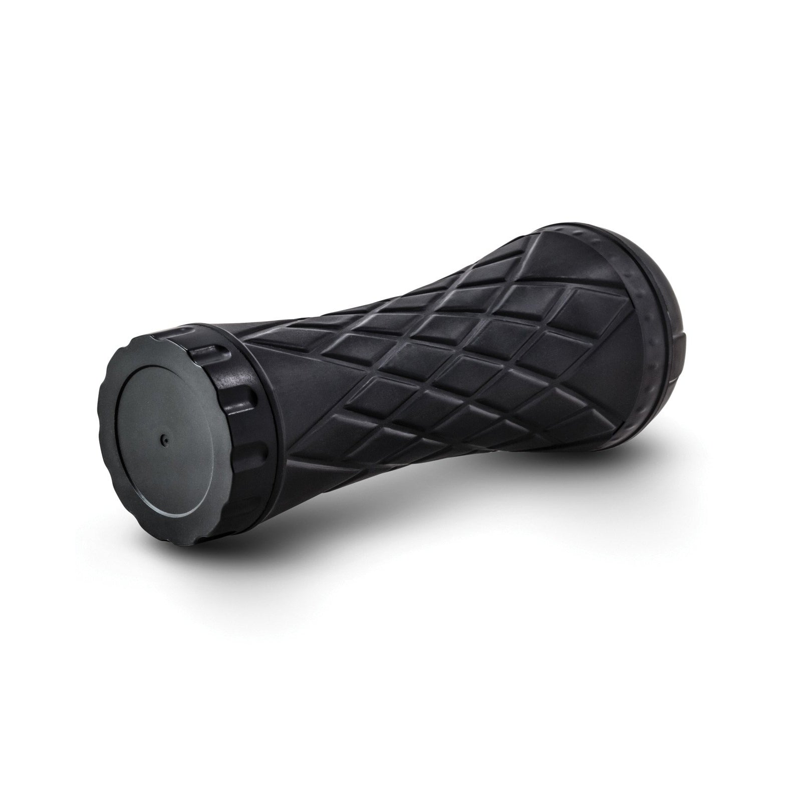 A black, cylindrical Blush M for Men The Torch Luscious Lips by Blush Novelties features a textured, diamond-patterned surface and ribbed pleasure design. It has flat, wider ends resembling a drum or spool. Made from life-like material, its set against a white background.