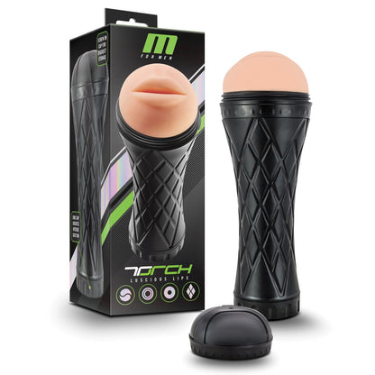 A cylindrical device with a realistic lip shape, crafted from soft material, sits next to a box displaying its product image and Blush M for Men The Torch Luscious Lips branding by Blush Novelties. It features a textured grip with a black cap beside it.