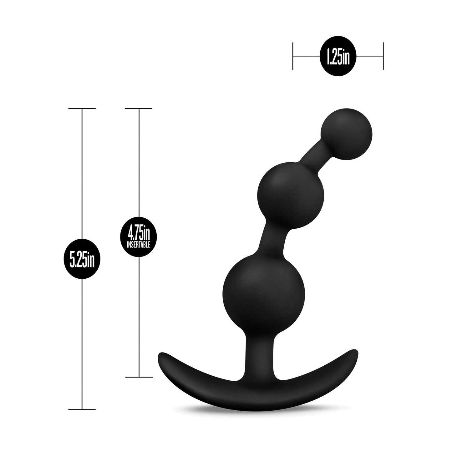 The Blush Small Anal Beads by Blush Novelties is a black silicone prostate massager featuring a curved handle and three spherical sections. It measures 5.25 inches in height, has an insertable length of 4.75 inches, and the top sphere is 1.25 inches wide, ideal for precise and comfortable prostate play.