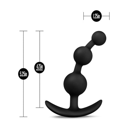 The Blush Small Anal Beads by Blush Novelties is a black silicone prostate massager featuring a curved handle and three spherical sections. It measures 5.25 inches in height, has an insertable length of 4.75 inches, and the top sphere is 1.25 inches wide, ideal for precise and comfortable prostate play.