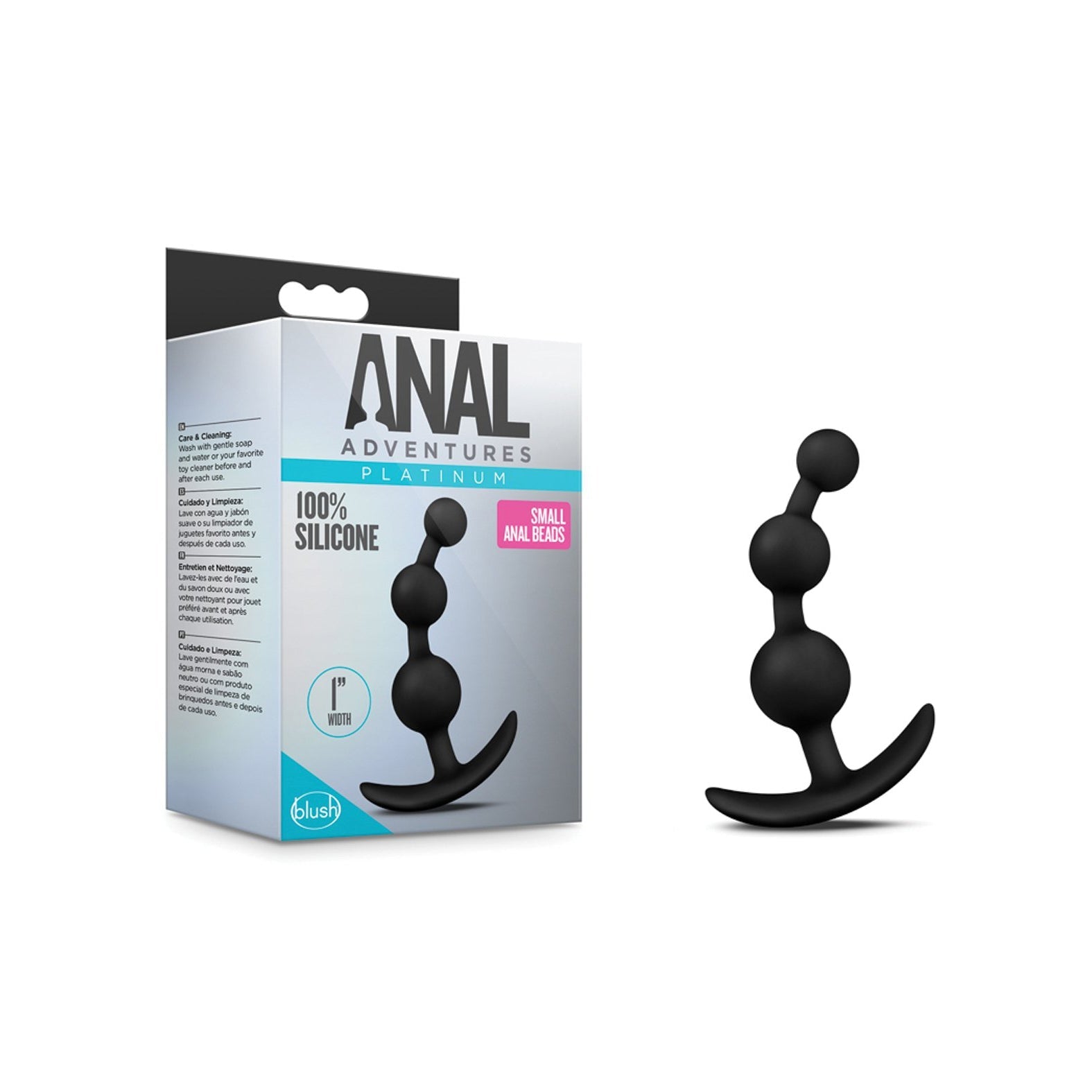 The product image displays a box and the Blush Small Anal Beads, a black silicone plug from Blush Novelties. The packaging reads Anal Adventures Platinum, highlighting 100% Silicone. This three-beaded design with an ergonomic handle is ideal for exploring anal beads.