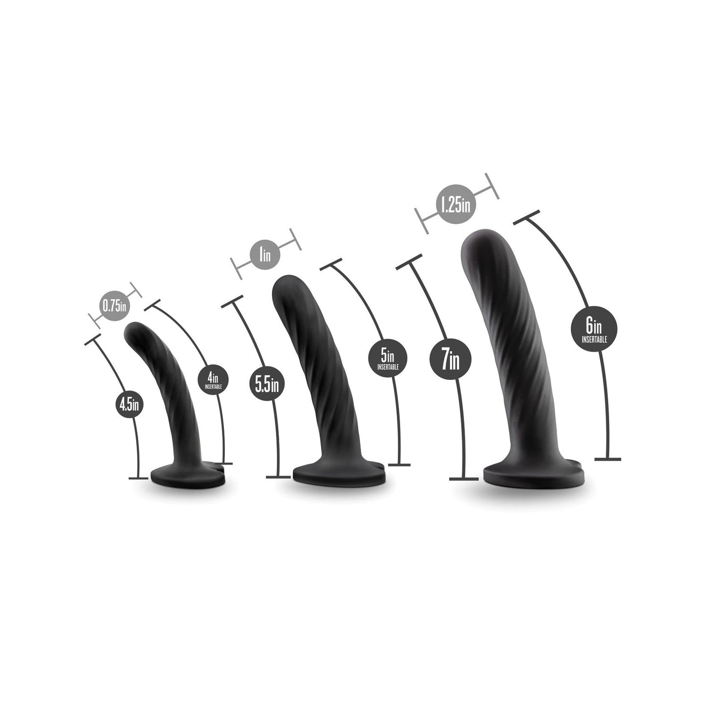 The Blush Temptasia Twist Kit by Blush Novelties includes three black silicone dildos with suction cups for versatile use. They are small (4.5 inches), medium (5.5 inches), and large (7 inches) in size, each clearly marked with diameter and length measurements.