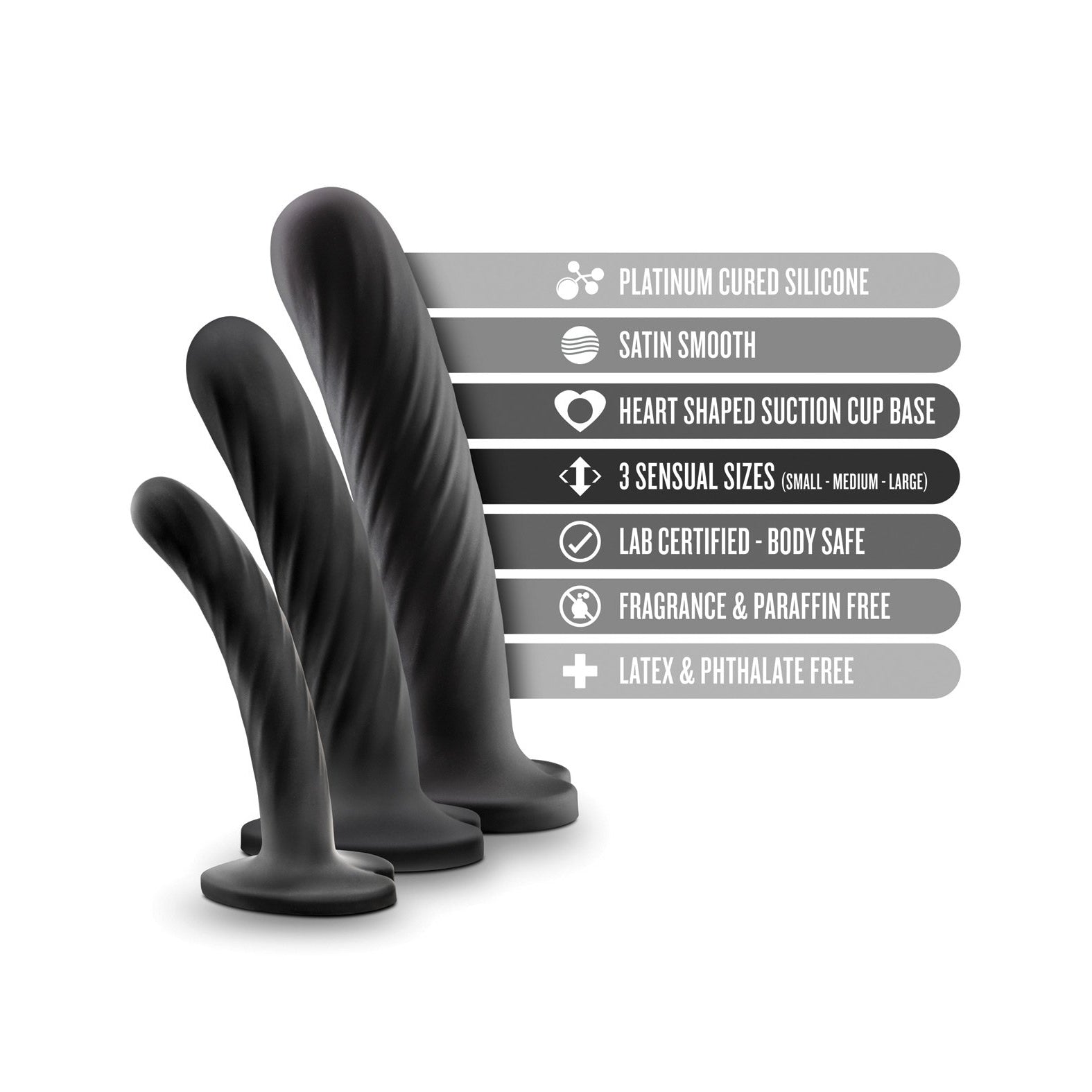 The Blush Temptasia Twist Kit by Blush Novelties offers three black silicone dildos in small, medium, and large sizes. Made with platinum-cured silicone and a satin-smooth texture, they feature heart-shaped suction cups for stability and are body-safe, fragrance-free, and latex-free.