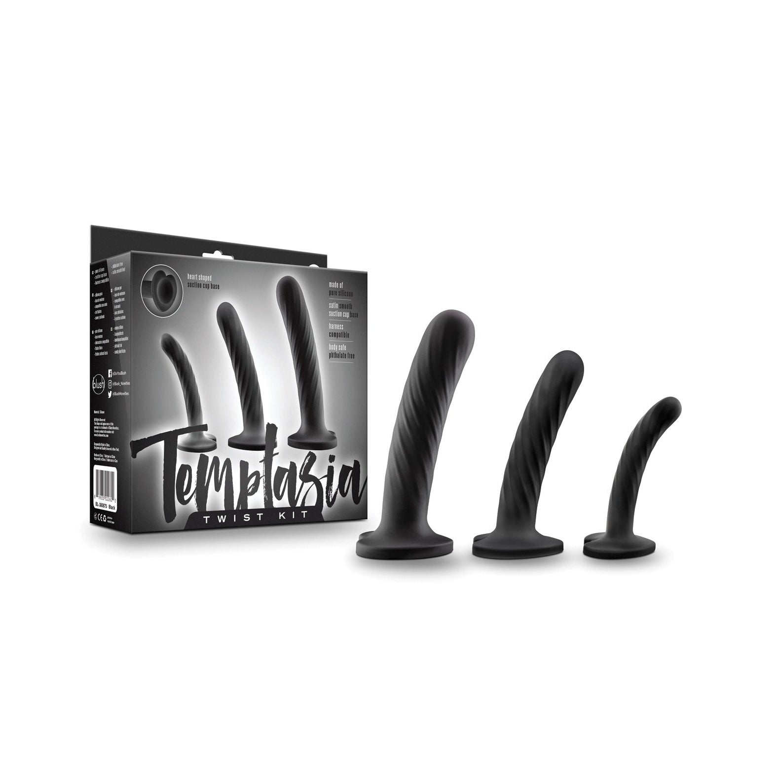 The Blush Temptasia Twist Kit by Blush Novelties is a set of three twist-shaped black silicone toys, each larger than the last, displayed with packaging that features their name and details on a black background. Ideal for those exploring new experiences.