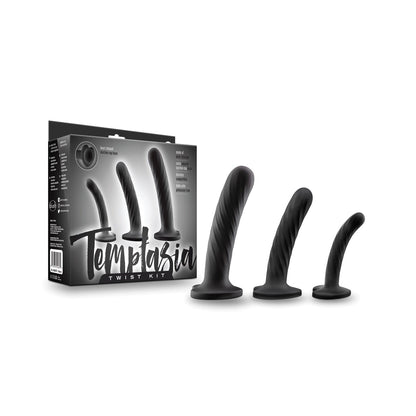 The Blush Temptasia Twist Kit by Blush Novelties is a set of three twist-shaped black silicone toys, each larger than the last, displayed with packaging that features their name and details on a black background. Ideal for those exploring new experiences.