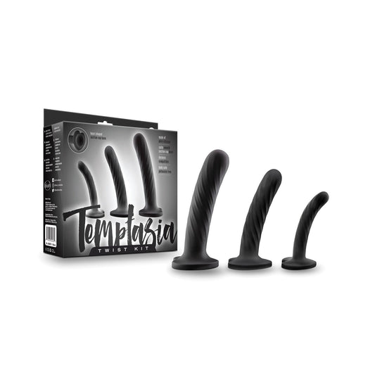 The Blush Temptasia Twist Kit by Blush Novelties is a set of three twist-shaped black silicone toys, each larger than the last, displayed with packaging that features their name and details on a black background. Ideal for those exploring new experiences.