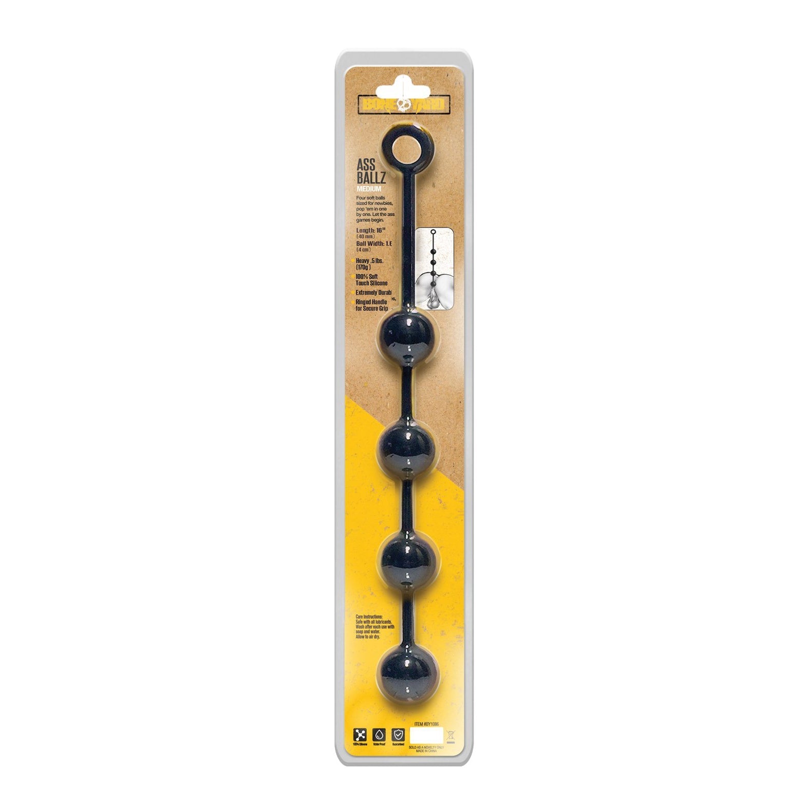 The Boneyard Ass Ballz Medium - Clamshell packaging features four large black silicone anal beads on a string. Styled with a brown and yellow color scheme, it highlights product details, ideal for those interested in anal play under the Boneyard brand.