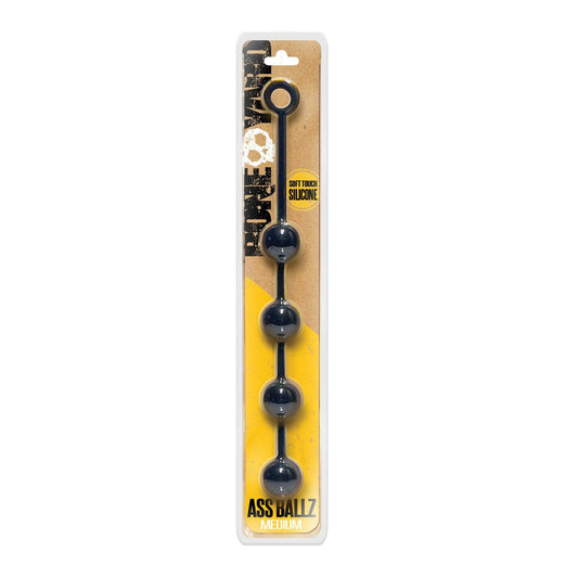 The Boneyard Ass Ballz Medium - Clamshell set is a premium silicone anal toy featuring black beads for exciting play. The packaging showcases a playful brown and orange design, beautifully displaying the sleekly arranged beads.