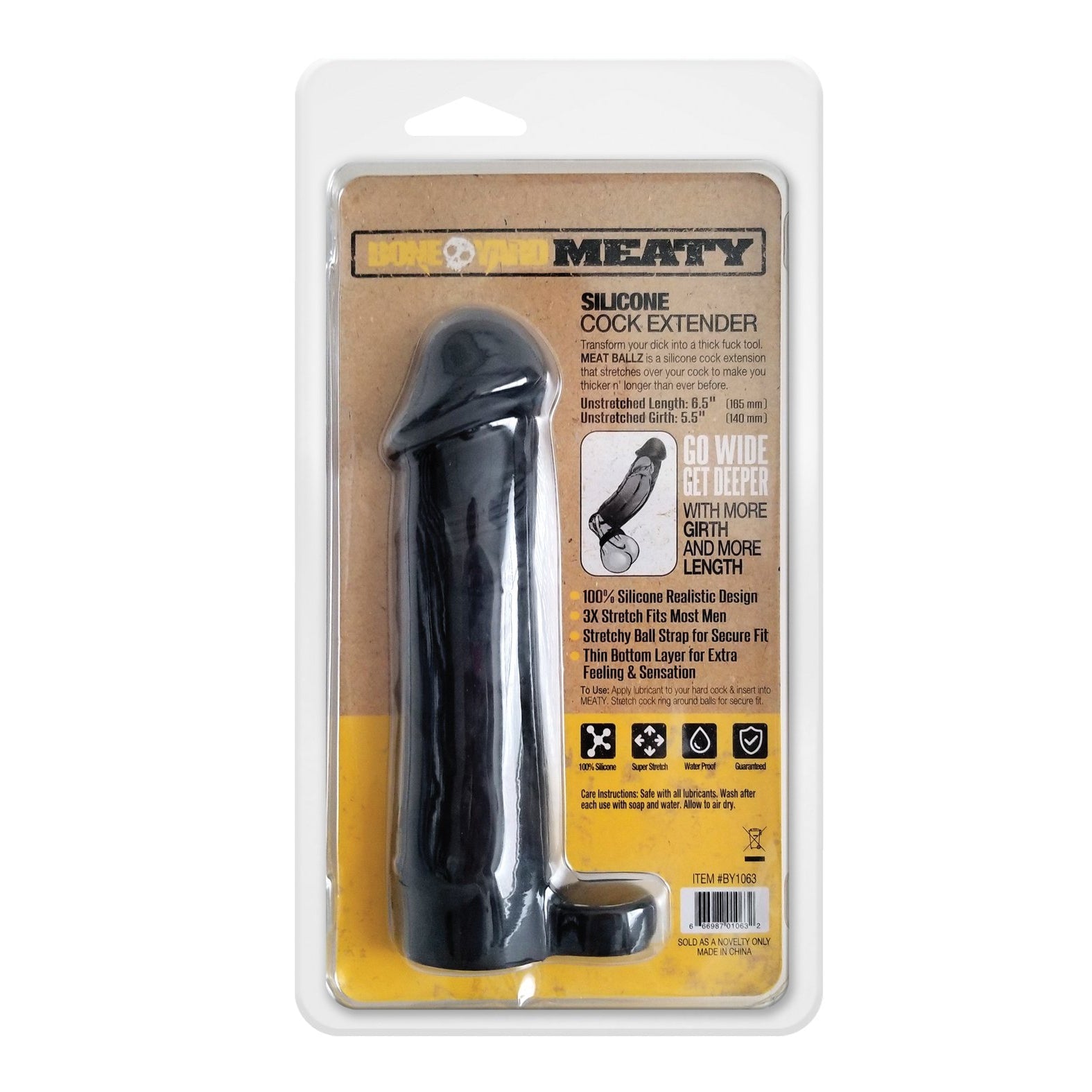 The Boneyard The Man Sizer 3X Stretch Silicone Extender by Boneyard highlights enhanced girth and length, showcased in a clear plastic case with detailed product information on the cardboard back.