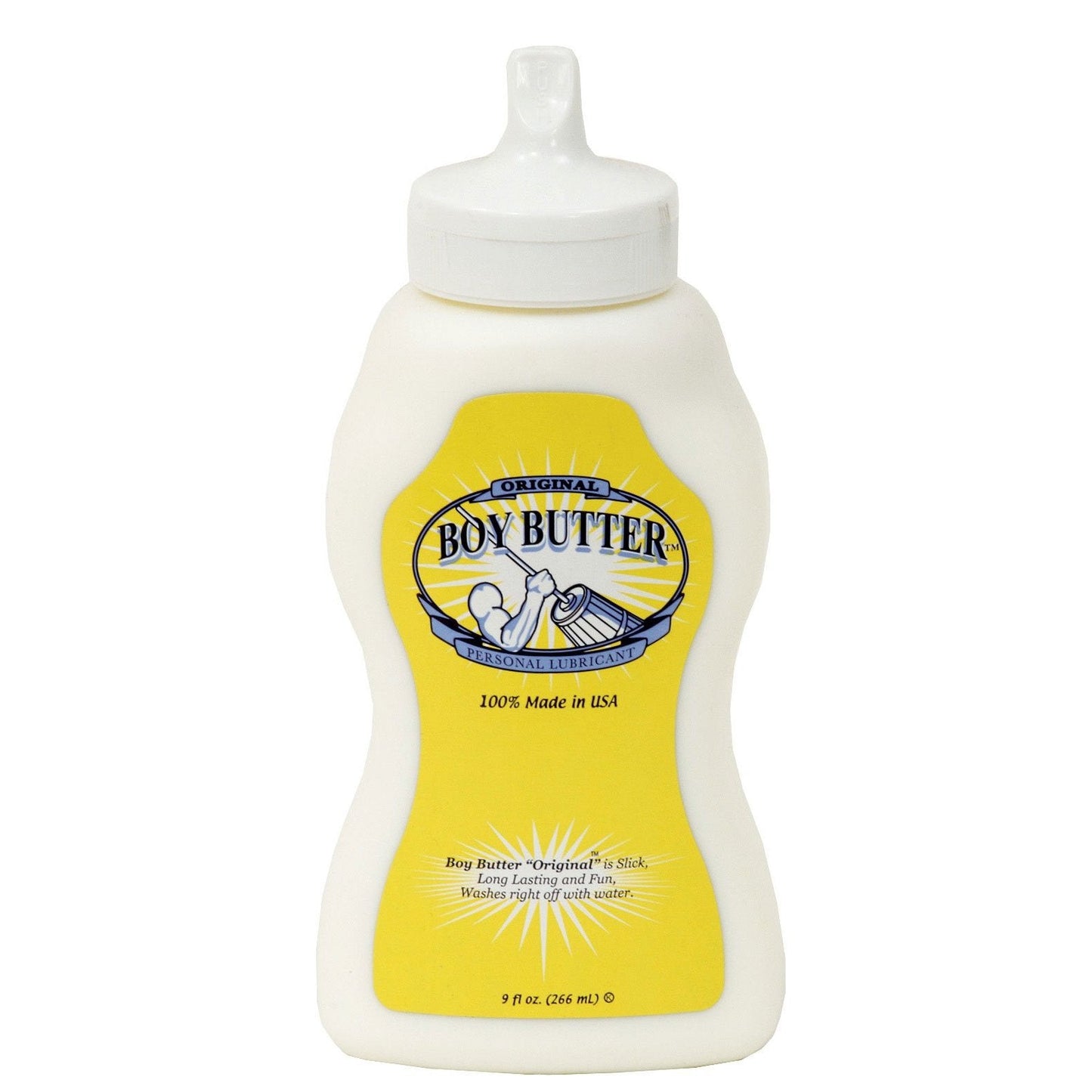 The Boy Butter Churn Style Squeeze Bottle (9 oz) is a white bottle featuring a muscular figure on a yellow label. It highlights 100% Made in USA, is water-soluble, washes off easily with water, and is infused with coconut oil.