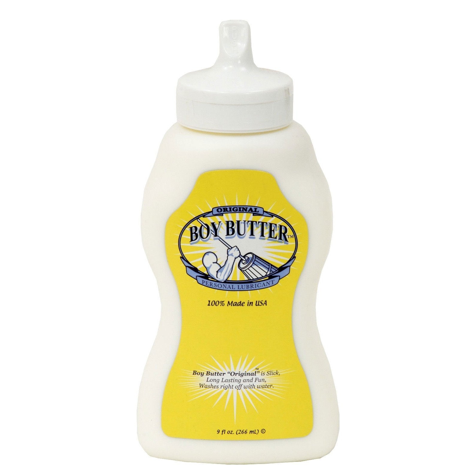 The Boy Butter Churn Style Squeeze Bottle (9 oz) is a white bottle featuring a muscular figure on a yellow label. It highlights 100% Made in USA, is water-soluble, washes off easily with water, and is infused with coconut oil.