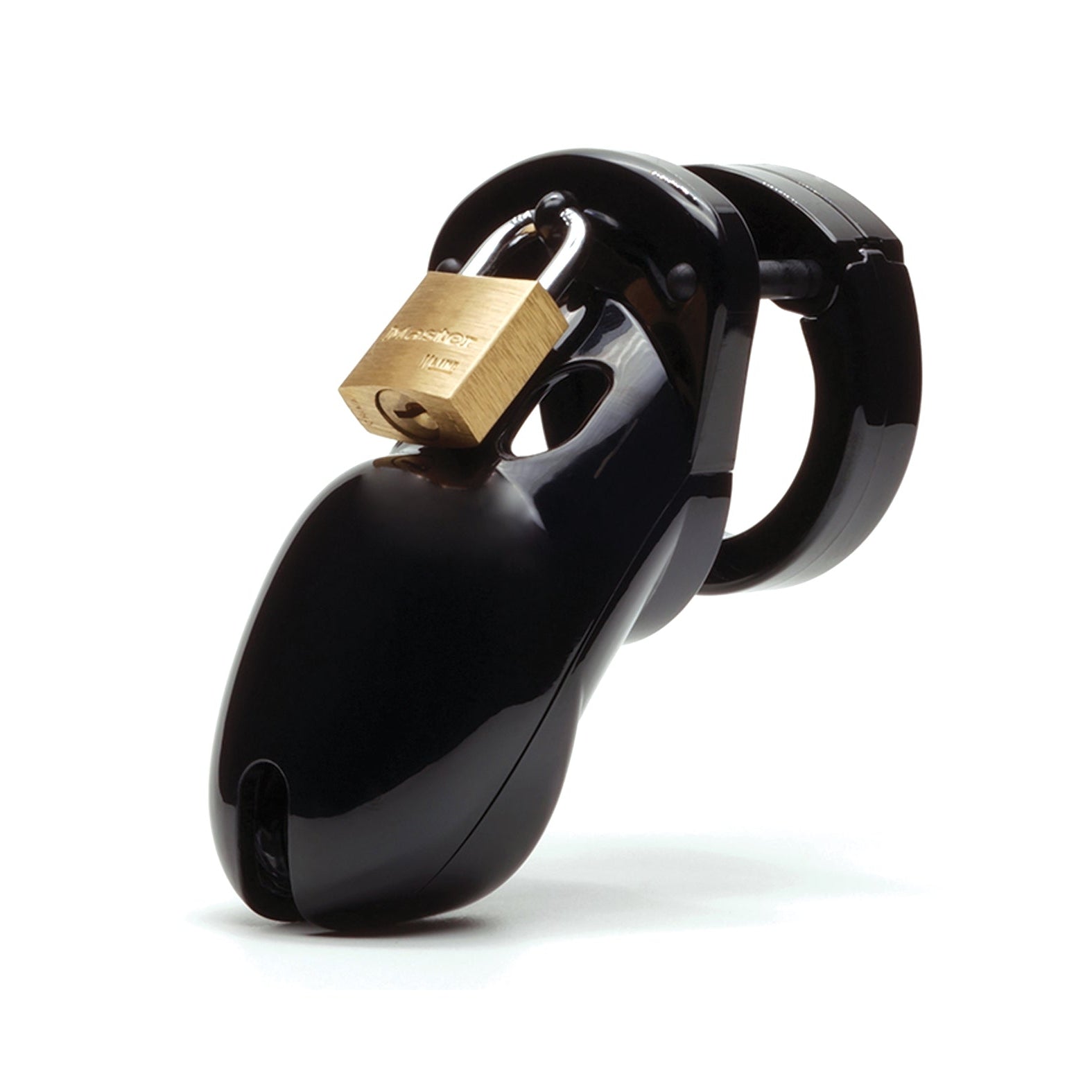 The CB-6000S brands CB-3000 3 Cock Cage & Lock Set is a black plastic chastity device with a curved shape and ventilation openings, featuring a brass padlock to prevent removal.