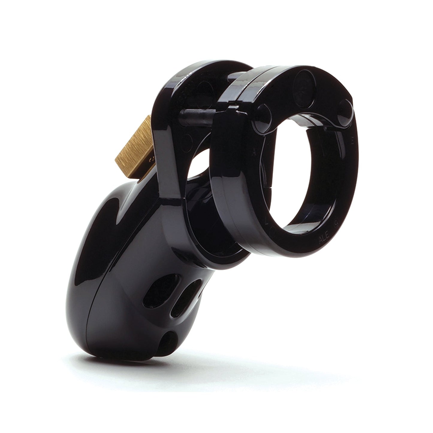 The CB-3000 3 Cock Cage & Lock Set by CB-6000S, in black plastic with a brass lock and ventilation holes, is elegantly angled against a plain white backdrop.