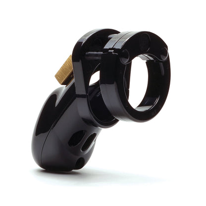 The CB-3000 3 Cock Cage & Lock Set by CB-6000S, in black plastic with a brass lock and ventilation holes, is elegantly angled against a plain white backdrop.