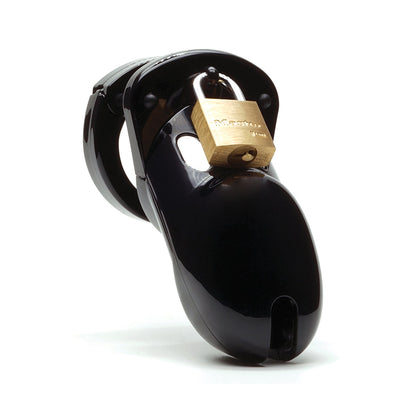 The CB-3000 3 Cock Cage & Lock Set by CB-6000S is a sleek black plastic cock cage with a brass padlock at the top and a rounded design featuring an airflow slot at the tip.